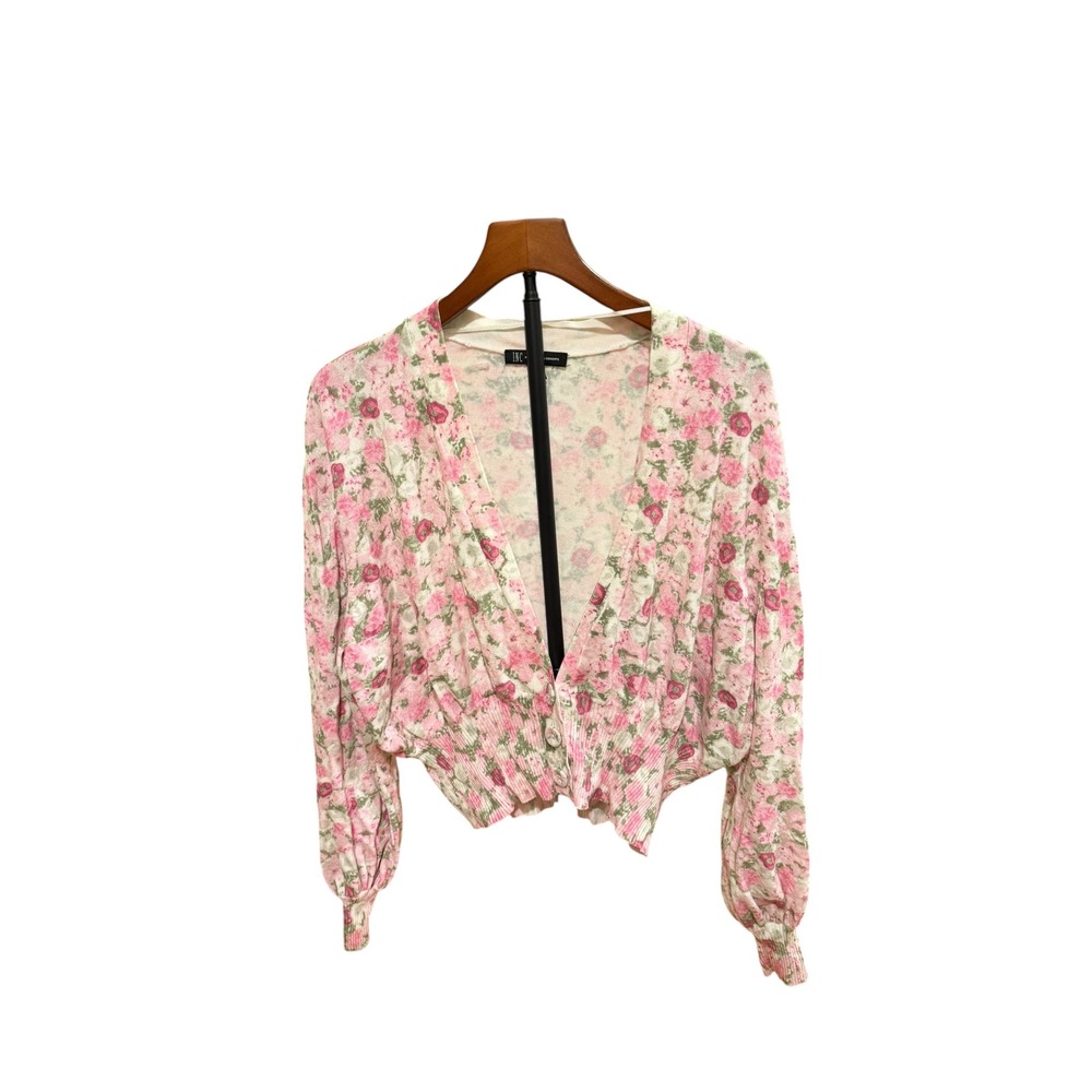 Whimsy Flirty Romantic Soft Pink Floral Cropped Cardigan Sweater XL V-Neck Knit
